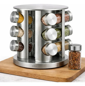 Porta temepro giratório 360 de Aço Inox com 12 Potes de Vidro