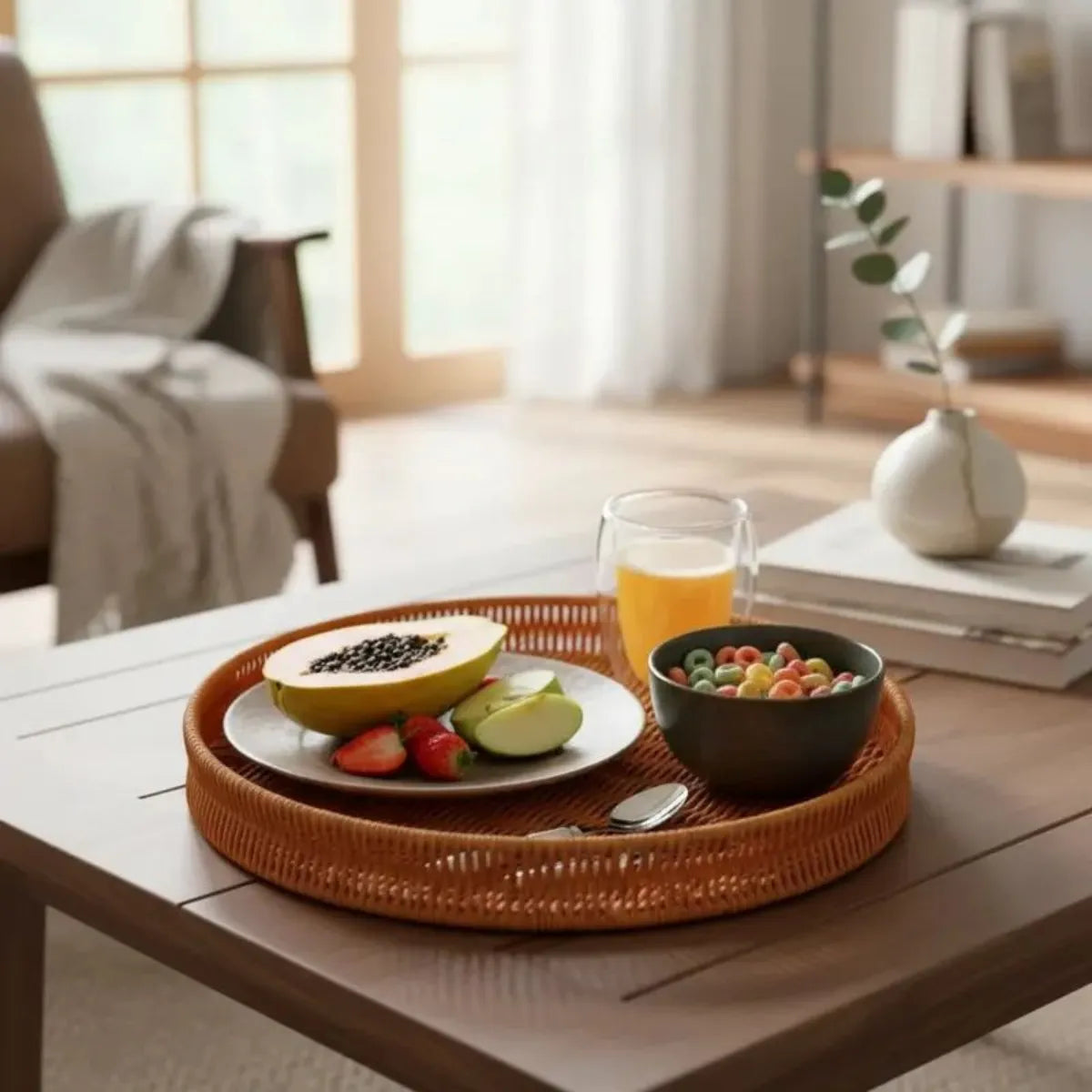 Bandeja Redonda Organizadora Decorativa Rattan Vime Café