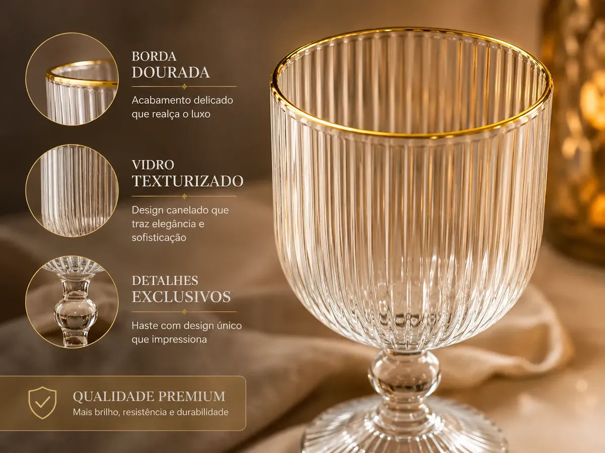 Jogo 6 Taças Vidro Canelado Borda Dourada 340ml Luxo Premium