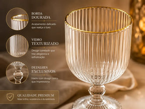Jogo 6 Taças Vidro Canelado Borda Dourada 340ml Luxo Premium