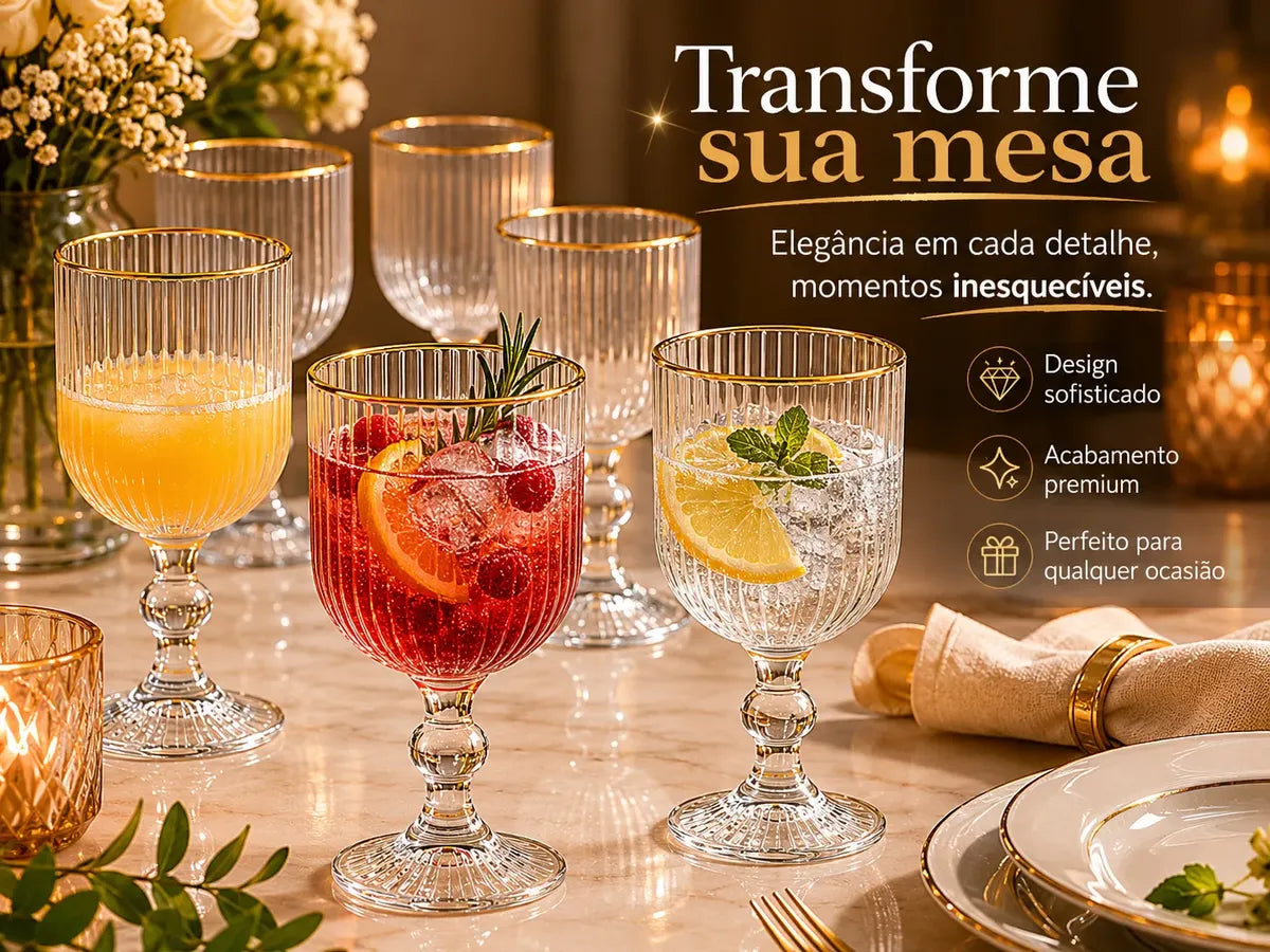Jogo 6 Taças Vidro Canelado Borda Dourada 340ml Luxo Premium