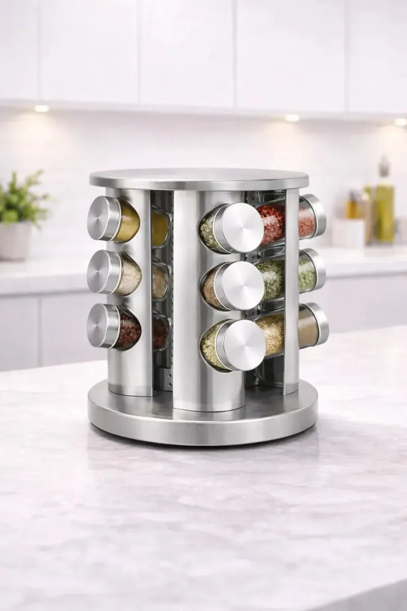 Porta temepro giratório 360 de Aço Inox com 12 Potes de Vidro