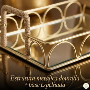 Bandeja Decorativa Grande Para Bar Café Dourada Espelhada