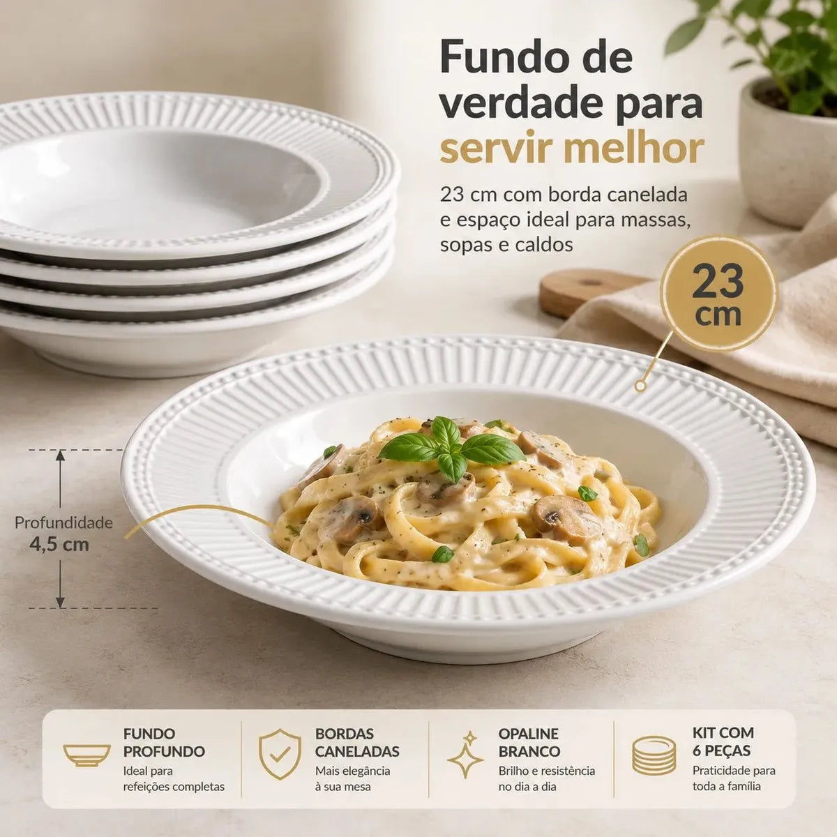 Jogo De Pratos Fundos 6 Peças Branco 23cm