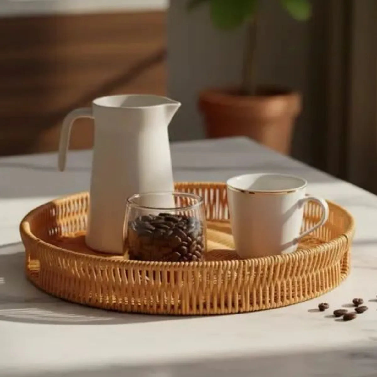 Bandeja Redonda Organizadora Decorativa Rattan Vime Café