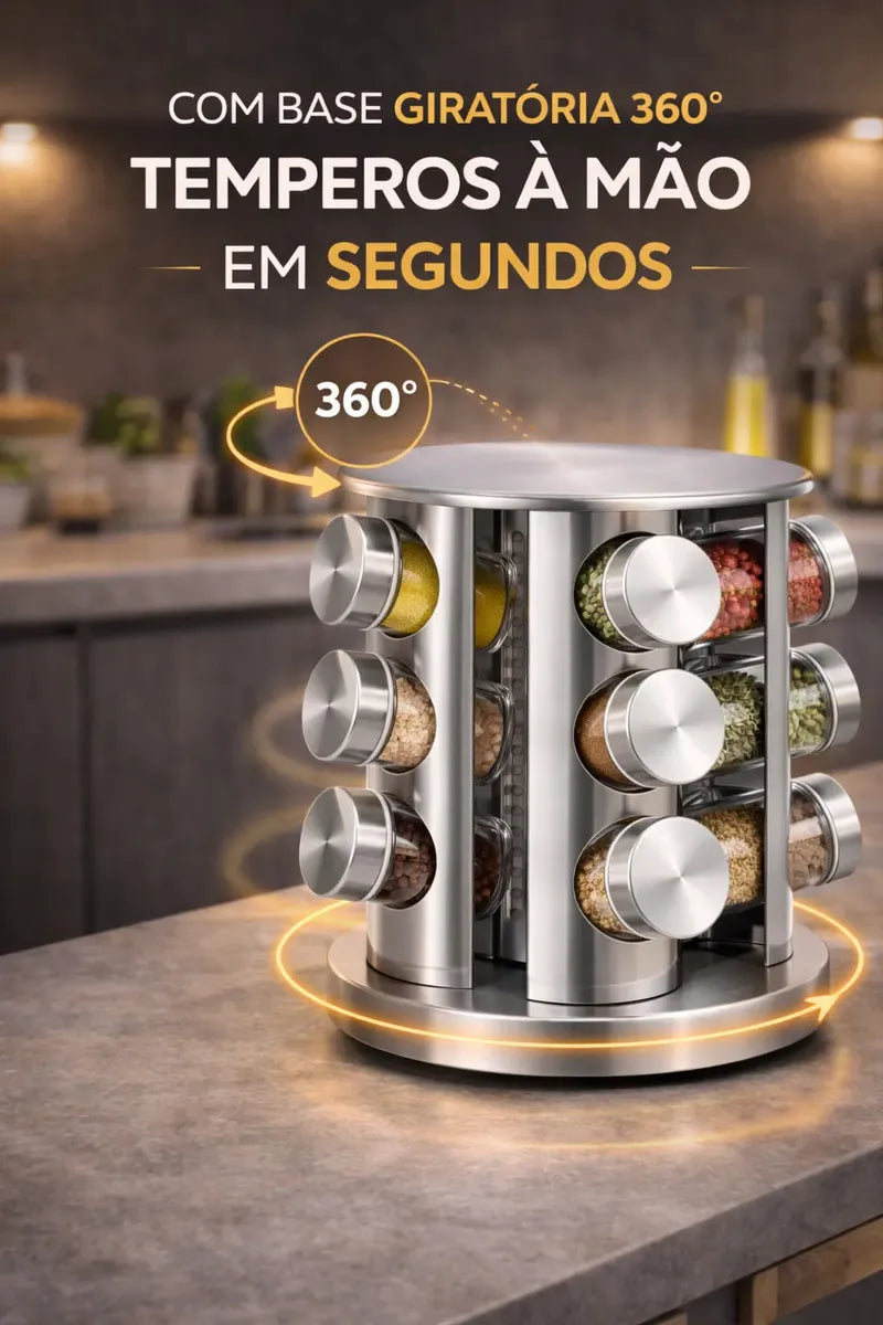 Porta temepro giratório 360 de Aço Inox com 12 Potes de Vidro